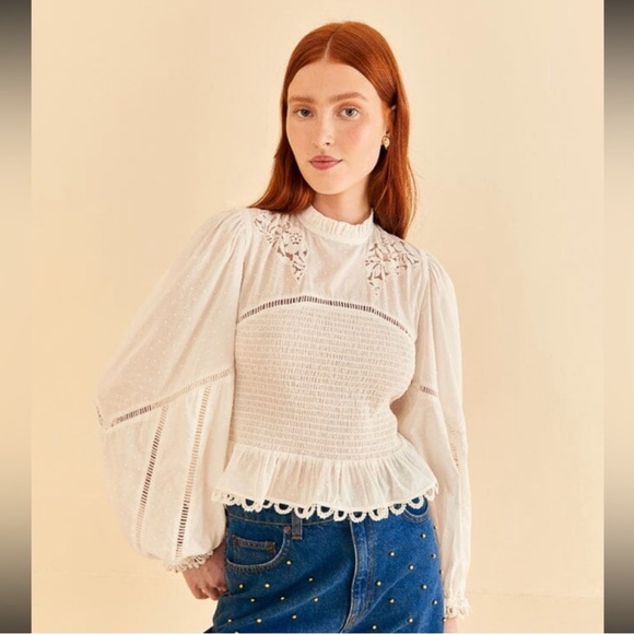 Anthropologie White Satin Peasant Top XL Floral Lace Coquette Whimsy Romantic - Picture 2 of 11